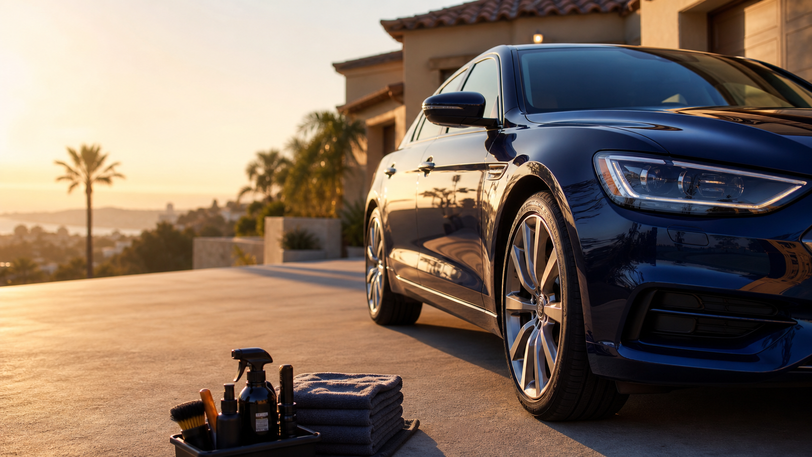 Freshly detailed dark-blue sedan in a San Diego driveway