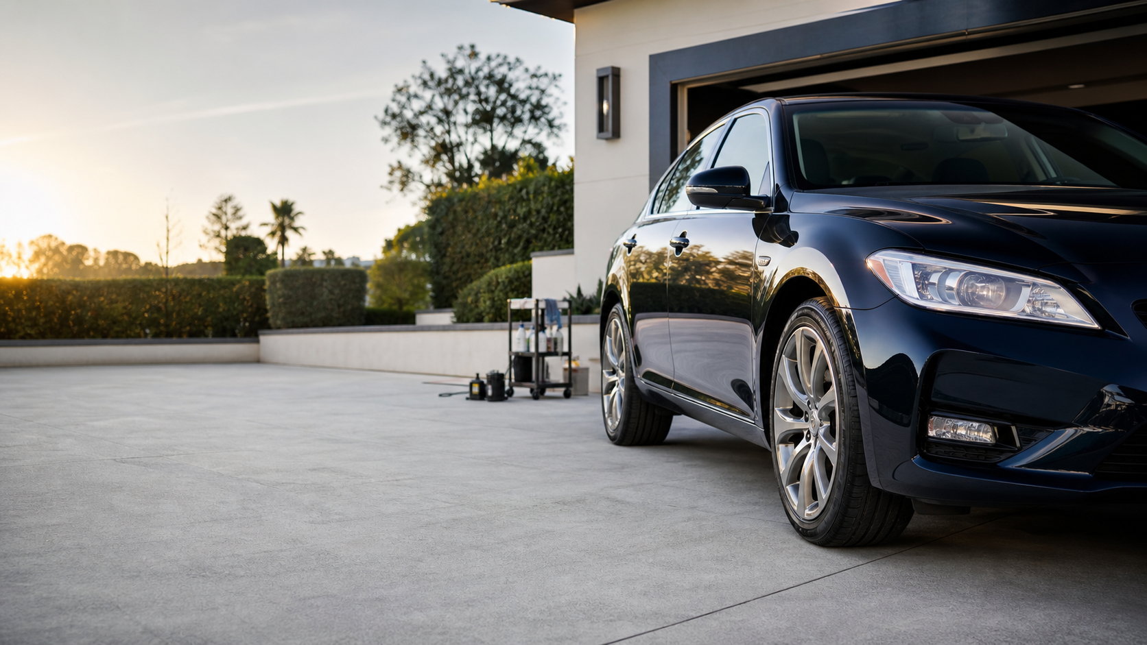 Freshly detailed sedan in a San Diego driveway